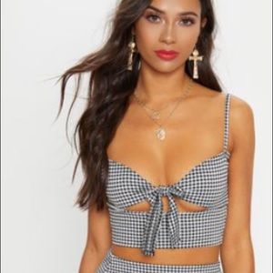 Brand New Black Gingham Jersey Tie Front Top